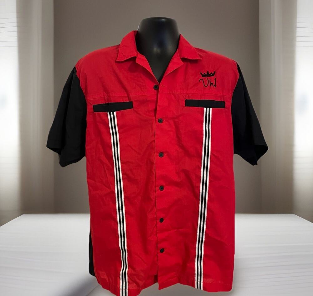VTG 90s VH1 Music Video Bowling Shirt Black Red Pinstripe Rockabilly 50s Pinup M